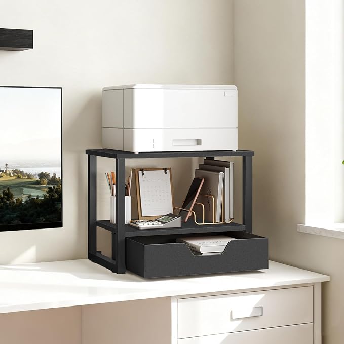 YATINEY Desktop Printer Stand, 2-Tier Printer Table with Non-Woven Drawer, Multi-Purpose Desk Organizer for Home Office, Under Desk Open Organizer Shelf, Black PS01BB