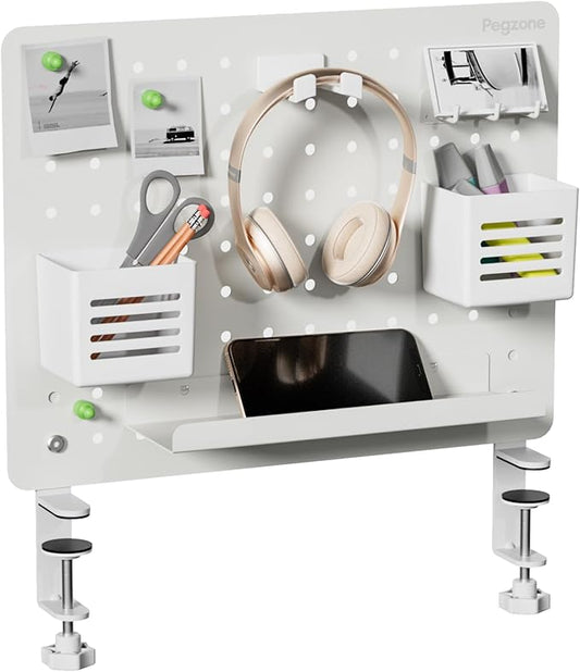PEGZONE Clamp-on Desk Pegboard, Desk Organizer for Office Gaming Home, Magnetic Metal Peg Board with 10 Accessories, Privacy Panel, 16.5" x 12.6", Medium, White