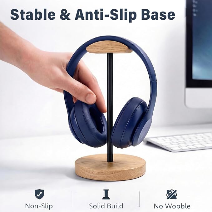 Wood & Metal Headphone Stand, Desktop Headset Holder with Stable Non-Slip Bamboo Base, Universal Headphone Hanger for Gaming Headsets, Office Desk, Home, Gift