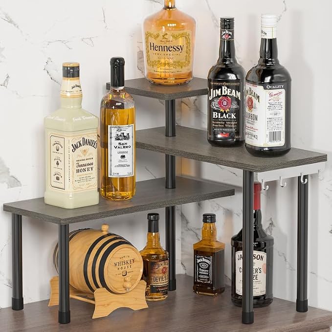 ZHWS Kitchen Countertop Organizer, Bathroom Counter Organizer, Adjustable 3 Tier Corner Shelf with 4 Metal Hooks for Counter Organize, Spice Rack, Makeups, Coffee Station Bookshelf (Rustic Grey)