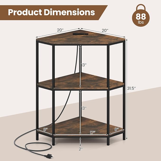 Giantex Corner Printer Stand, 3-Tier Corner Shelf with Charging Station and Metal Frame, Small Industrial Bookshelf, Printer Table for Living Room, Kitchen, Home Office (1)