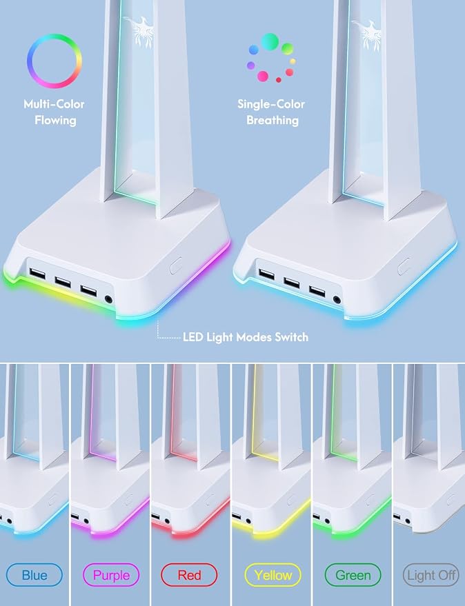 PHNIXGAM RGB Headphone Stand with 3.5mm AUX and 3 Port USB 2.0 Hub, Universal Gaming Headset Hanger Holder for Computer Gaming Gamer Accessories (White)