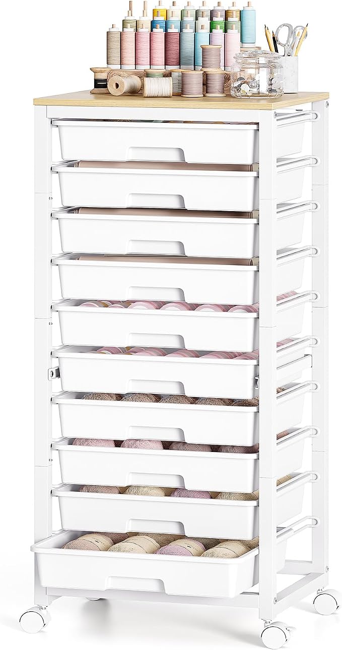 SYKIARIOL Rolling Cart with Drawers,10 Drawer Rolling Cart,Rolling storage cart with drawers,White Rolling Drawer Cart,Teacher Rolling Cart for Classroom Storage,Craft Cart with Wooden Tabletop