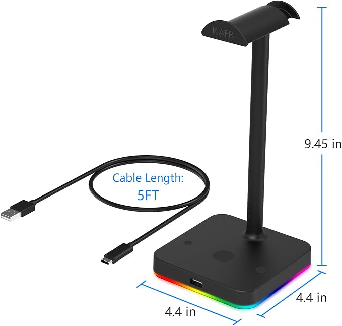 KAFRI RGB Headphone Stand with USB Hub Desk Gaming Headset Holder Hanger Rack with 1 USB2.0 Extension Charging Port Extender Cord - Suitable for Gamer Desktop Table Game Earphone Accessories, Black