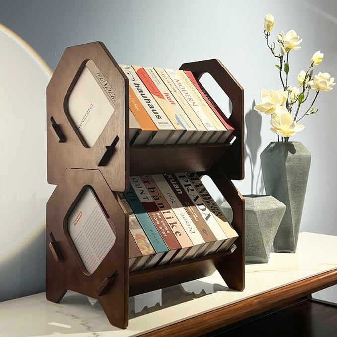 Desktop Bookshelf, Stackable Book Organizer with Handle, Storage Rack for CD/Magazine/File Folder, Portable Small Bookshelf for Study, Living Room, Kid's Room, No Nails, Medium Size