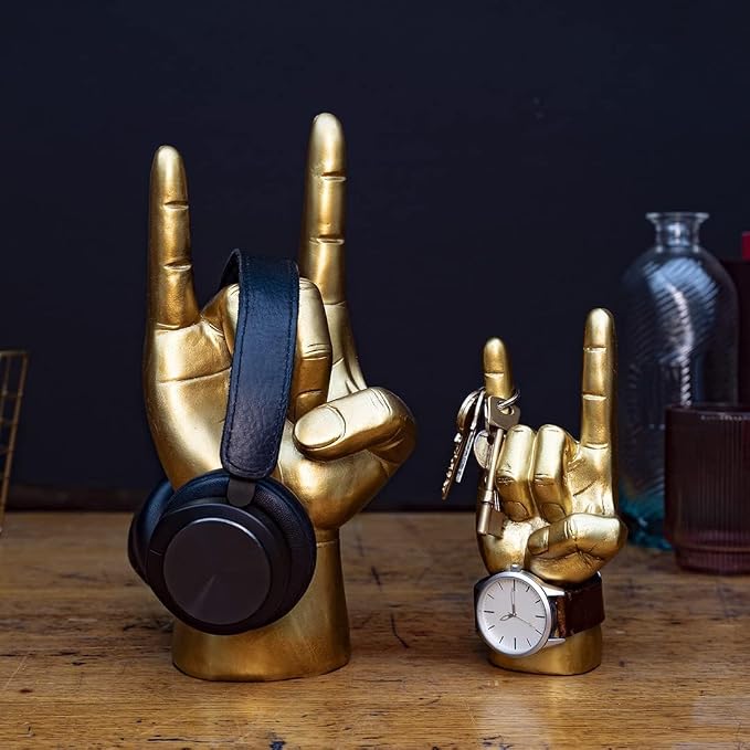 Luckies of London - Rock On Hand - Rock Music Gifts for Men - Mens Bedroom Accessories - Mini Headphone Stand & Jewelry Holder - Gold Ornaments for Desk Tidy - Music Home Decor - Key Holder Stand