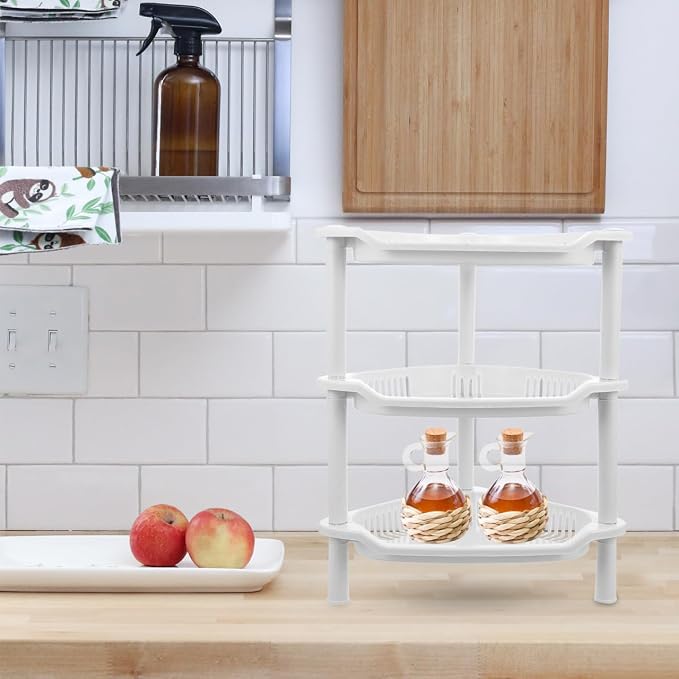 Cabilock 3-Tier Plastic Storage Rack Small Shelves Organizer for Bathroom Kitchen Desk Corner Shelf Stand No-Tool Assembly Compact Space Saving 13.38X11.02X8.26 Inches