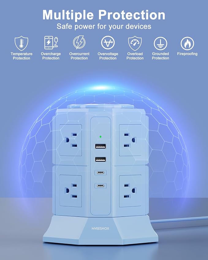 Surge Protector Power Strip Tower with 8 AC Outlets 4 USB Ports(2 Type C), 6.5 FT Ultra Flat Extension Cord with Multiple Outlets, Charging Station with Surge Protection for Family, Office, Dorm