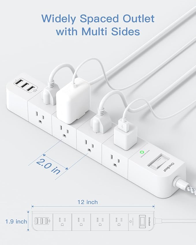 One Beat 10 ft Extension Cord,Power Strip Surge Protector 8 Widely AC Outlets 3 USB,Flat Plug,Desktop Charging Station with Overload Protection,Wall Mount for Home,Office,Travel,Computer ETL Listed