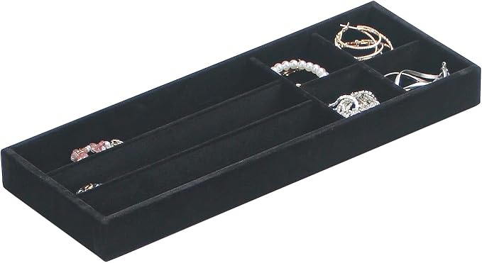 Divided Drawer Organizer Tray, Velvet Jewelry Storage Tray, Necklace Bracelet Ring Earring Display Tray,Bedside Nightstand Desk Holder Tray for Phone Watch Sunglasses Cosmetics Storage/Black/7grid