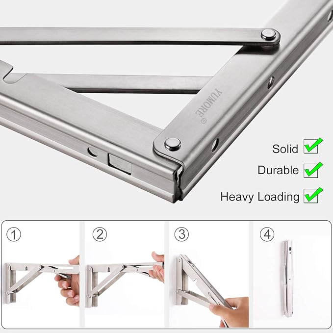 YUMORE Folding Shelf Brackets 16 Inch, Max Load: 330lb Heavy Duty Stainless Steel Collapsible Shelf Bracket for Table Work Bench, Space Saving DIY Bracket, Pack of 2