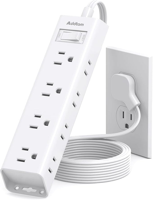 Addtam Flat Plug Extension Cord 10FT, Power Strip Surge Protector with 12 Outlets, 3-Side Wide Spaced Outlet Extender, Wall Mount Desk Charging Station for Home Office Dorm Room, White