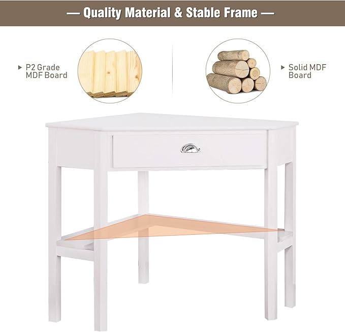 COSTWAY Corner Desk, Writing Corner Computer Desk with Drawer for Small Space, Wood Makeup Vanity Desk, Small Corner Desk with Shelves, Office Study Workstation, White Corner Desk (White)