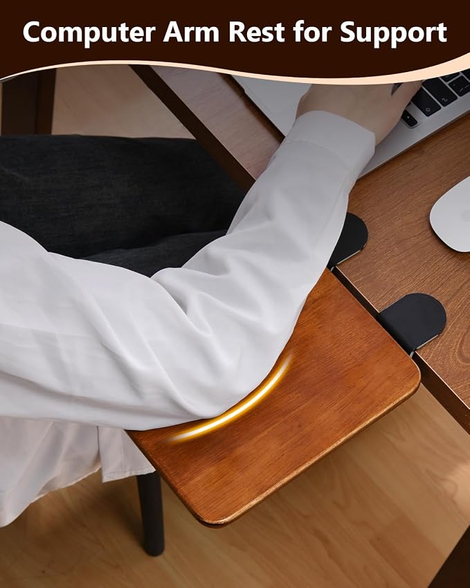 Ergonomic Desk Extender Tray, 8.2"x7.6" Table Mount Arm Wrist Rest Shelf, 90° Foldable Elbow Support, Sturdy Mouse Arm Support,Clamp on Computer Arm Rest for Desk, Office & Home Use,Wood