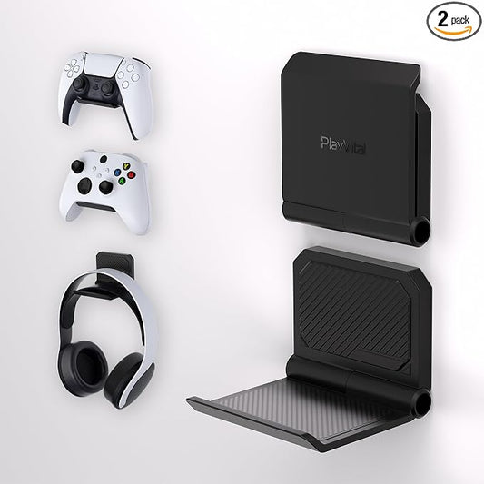 PlayVital FOLD Controller Holder Wall for ps5 ps4 Xbox Switch 2 Pro Headset, 2 Pack Universal Storage Organizer Gaming Controller Stand Headphone Mount - Foldable Anti-slip Adhesive Removable, Black