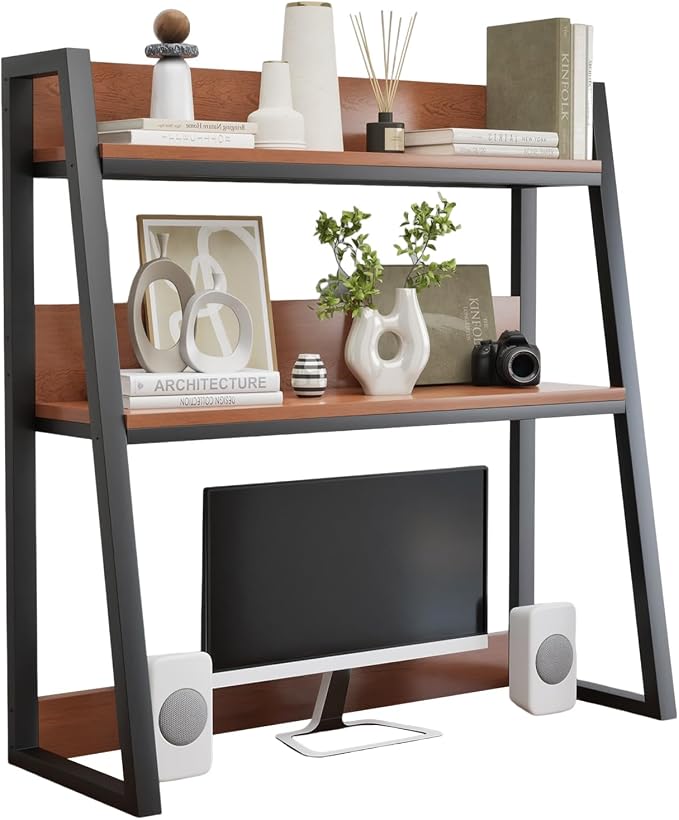 AQQHSAIN Desktop Hutch Shelf 2-Tier Ladder Bookshelf Computer Bookcase Wooden Desktop Display Rack Multipurpose Desk Hutch Top Only for Home Office Dorm Use (Brown, 75CM)