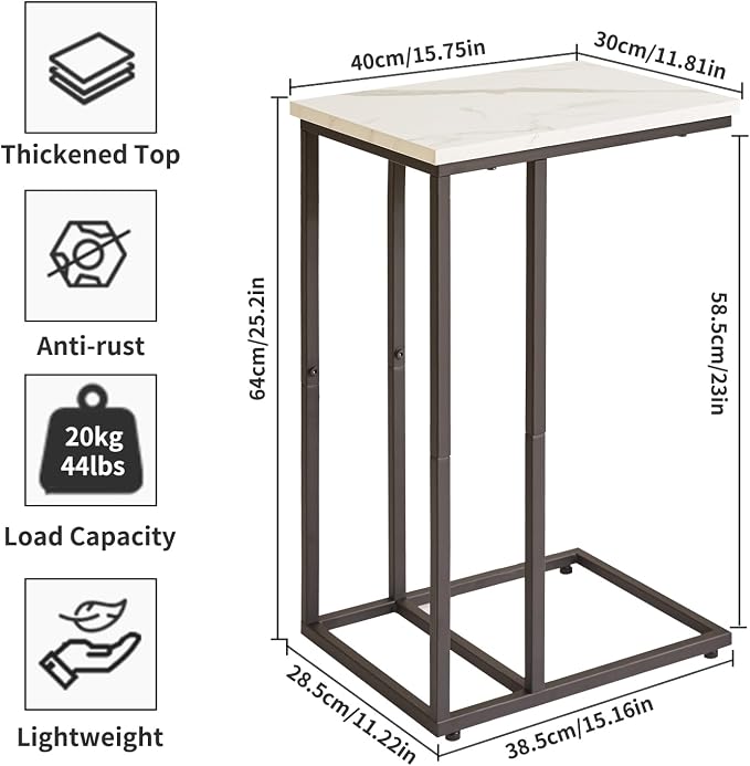 Aibiju Side Table Small End Table C Shaped, Slide Under Laptop Desk for Couch, Living Room Side Table, TV Trays for Eating on Couch, Faux Marble+Black YD-TM051B
