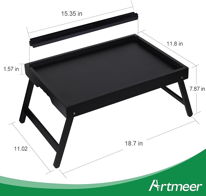 Artmeer Bamboo Bed Tray Table with Folding Legs, Phone/Tablet Holder, Foldable Breakfast Table, Laptop Desk (Black, Medium)
