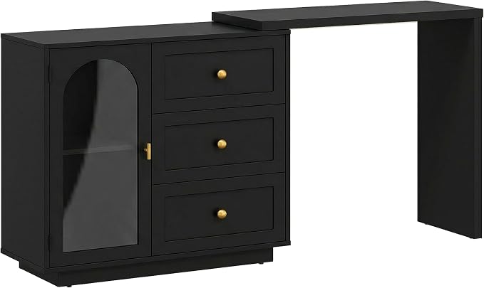 FansaFurn 59" L-Shaped Vanity Table with 3 Drawers & 1 Door, Extendable Makeup Vanity Desk, Modern Dressing Table for Bedroom, Dressing Room, Black