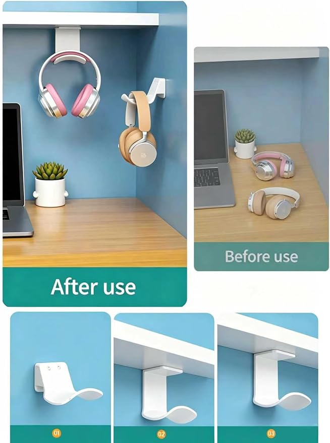 2-Pack Wall Mount Headphone Hanger, Adhesive Screw-in Headset Holder Hook, Under Desk Curved Headphone Stand for Gaming PC, PS5, Xbox Accessories, White