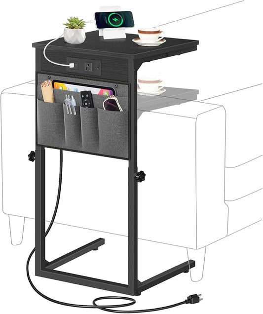 HOOBRO C Shaped End Table with Charging Station, 30” Adjustable Height Sofa Side Table with Storage Pocket, Slide Under Couch Table for Sofa Arm Tray, for Living Room, Bedroom, Black BB77USF01