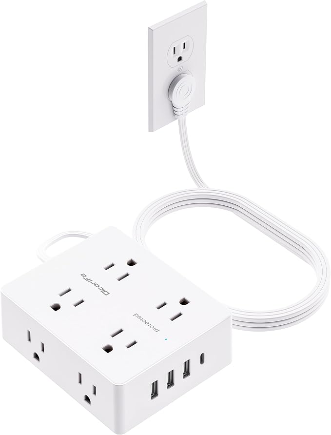 Olcorife Flat Plug Power Strip with 5 FT Extension Cord, 8 Outlets 4 USB Ports(1 USB C), 3 Sided Outlet Extender for Home Office Travel Dorm Room Essentials, White
