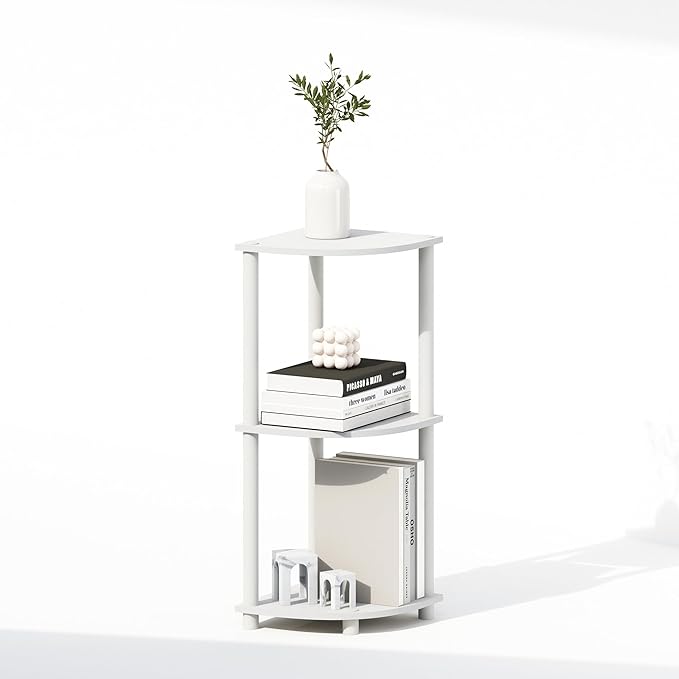 Furinno Turn-N-Tube Corner Shelf, 3-Tier Corner Bookshelf, Display Storage Shelves with Open Shelves, for Organization and Storage, Living Room, Home Office, Garage, White