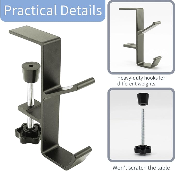 Desk Mount Bag Holder Hook Clamp-On Backpack Hanger Portable Desk Mount Headphones Holder Reduce Desk Clutter for Table Desk, Under Counter (Grey)
