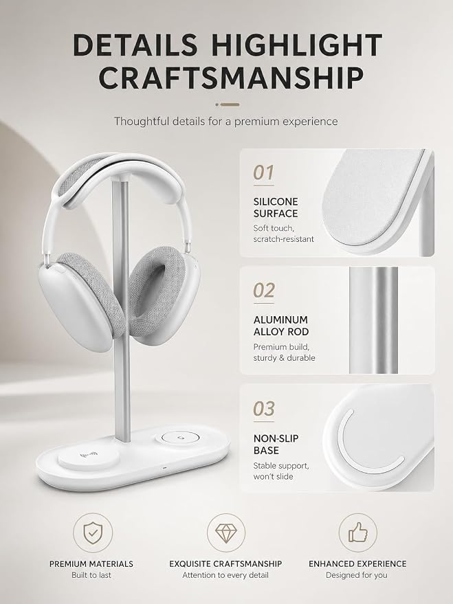 TopMade Airpod Max Charger Stand with 15W Wireless Charger, 4 in 1 Headphone Stand Headset Holder for AirPods Max/Pro/iWatch/Vision Pro, iPhone 17/16/15/14/13/12/11/X for Desktop Gaming Holder, White