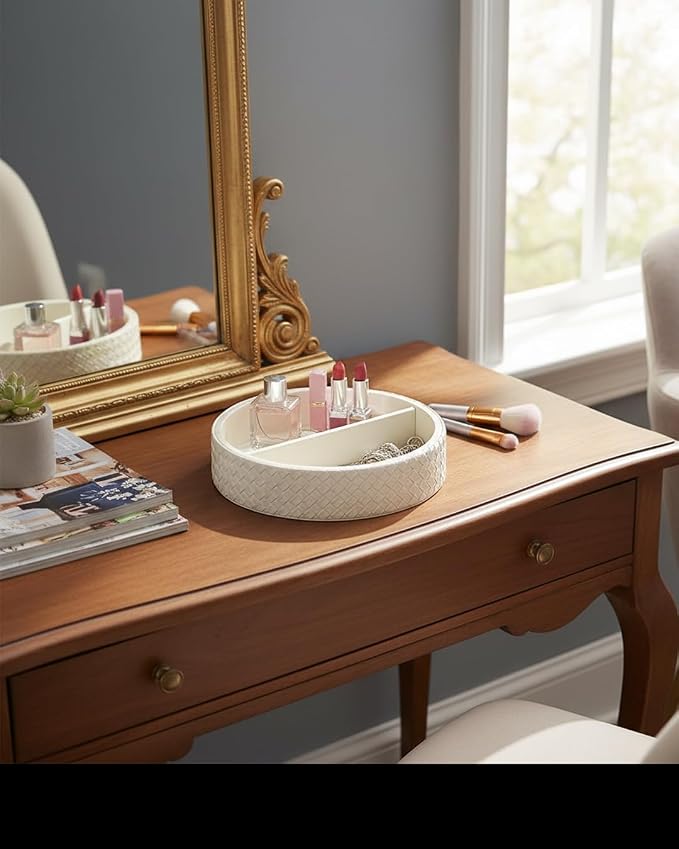 Round Faux Leather Vanity Tray Organizer for Dresser Perfume | Elegant woven leather tray for perfume, sunglasses & keys. A stylish 2-compartment organizer for your console table.