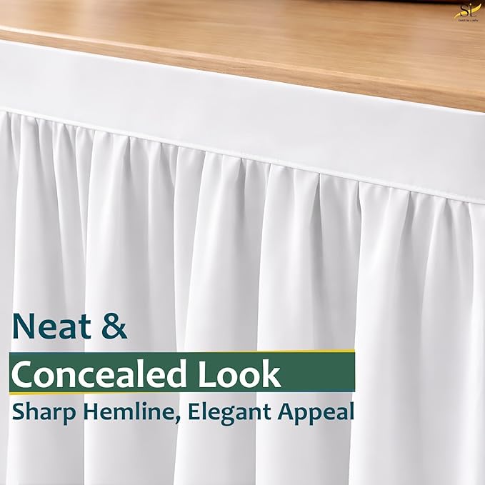 Shreem Linen Dorm Desk Skirt, Ruffled Gathered Table Cover, Custom-Fit, No Platform, Split Corners, Under Desk Storage Cover for Dorm & Home Office, White Desk Skirt (D24 x W30 Skirt H30 Inches)