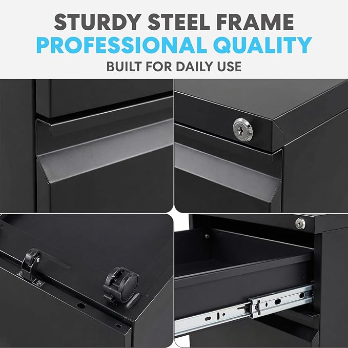 SIMPLI-Magic 3-Drawer Mobile File Cabinet with Lock - Under Desk Rolling Metal Filing Cabinet, Letter/Legal/A4, Fully Assembled, Home Office Organizer, Black