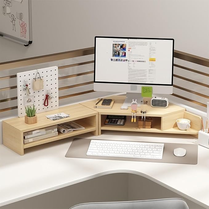Corner Monitor Stand for Desk, Laptop Stand and Monitor Riser for Desktop Computer, Office Desk Accessories and Organizer, Space-Saving Corner Desk Shelf, Computer Stand(Natural,A)
