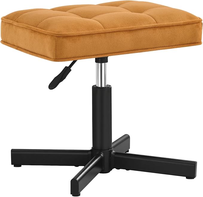LUE BONA Adjustable Vanity Stool, 15''-19.5'' Foot Rest Under Desk, 360° Swivel Vanity Chair for Makeup Room, Ginger Yellow Upholstered Faux Leather Ottoman for Bathroom & Living Room, 300lbs