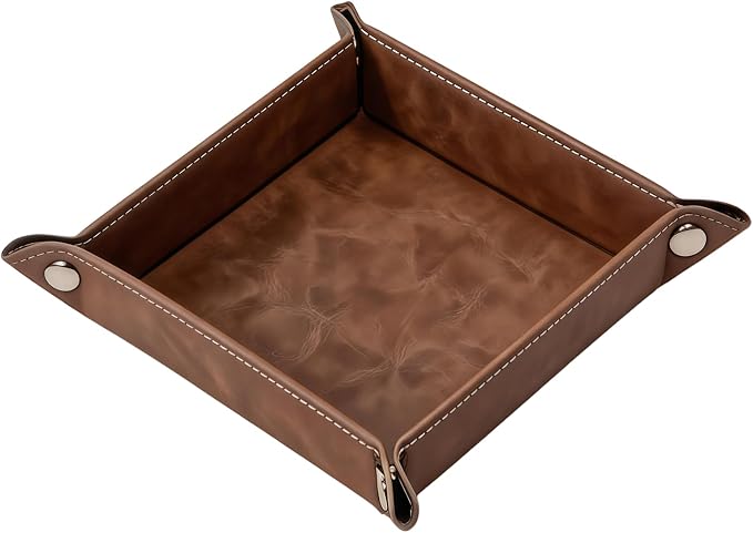 Valet Tray Desktop Storage Organizer – Vegan Leather Catchall Bedside Vanity Tray Nightstand Caddy Holder for Remote Controller, Watch, Keys, Phone, Wallet, Coin, Jewelry, Stone Brown