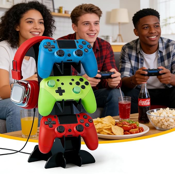 3-Tier Game Controller & Headphone Stand, Black Acrylic Storage Rack, Compatible with PS5/PS4/Xbox Series X/S/Switch Pro Controllers, Desktop Organizer for Gaming Accessories
