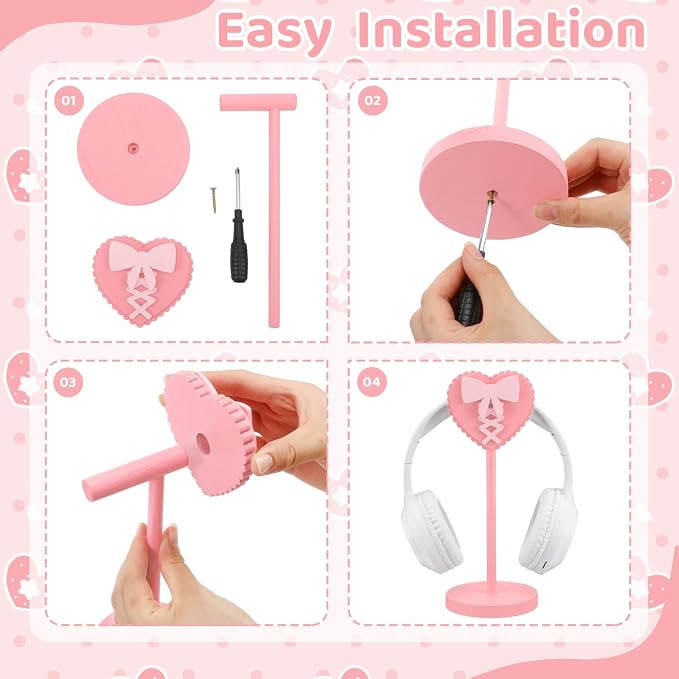 Kingdder Pink Heart Bow Headphone Stand Cute Wood Headphone Stand Adorable Headset Holder Accessories Gamer Gifts for Teenage Women Teacher Girlfriend Office Worker Wife Gamer Room Office Desk