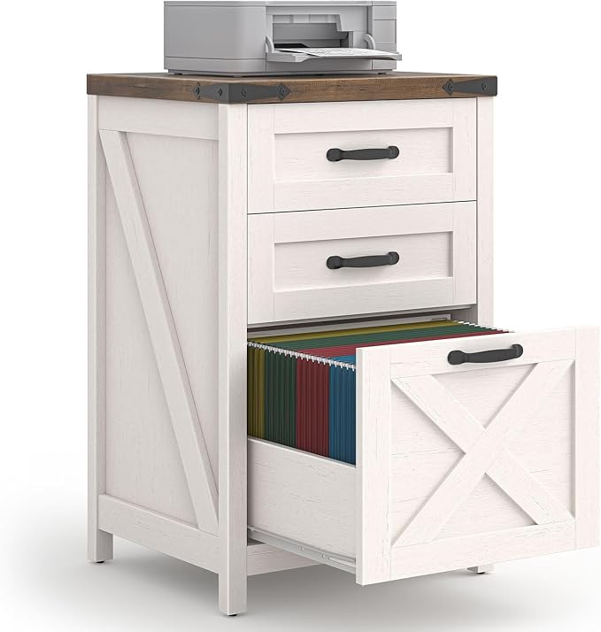 Halitaa 3 Drawer Small File Cabinet, Farmhouse Vertical Filing Cabinet Fits Letter and A4 Size, Under Desk Wooden File Cabinets for Home Office, Printer Stand, Rustic White and Brown