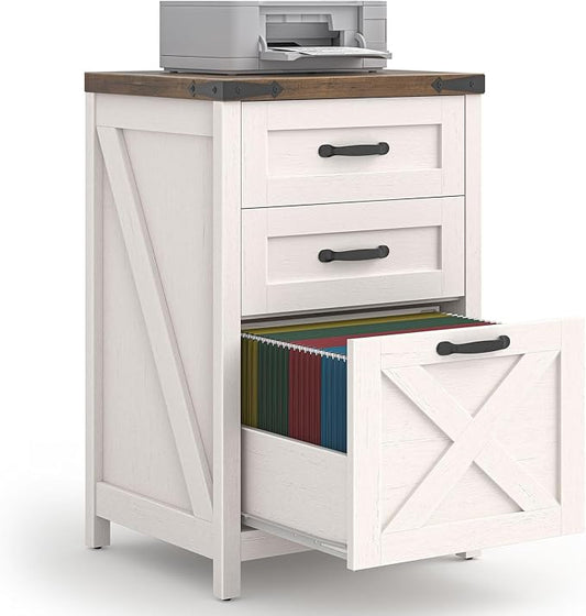Halitaa 3 Drawer Small File Cabinet, Farmhouse Vertical Filing Cabinet Fits Letter and A4 Size, Under Desk Wooden File Cabinets for Home Office, Printer Stand, Rustic White and Brown