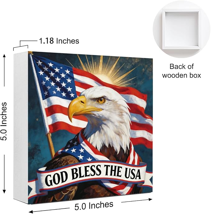 Patriotic Wooden Box Sign,God Bless The USA 4th Of July Signs Home Decor,Independence Memorial Day Block Sign for Desk Shelf Tabletop Decor