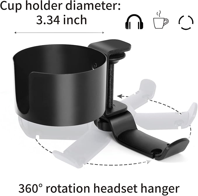 OOKUU 2 in 1 Desk Cup Holder with Headphone Hanger, Anti-Spill Cup Holder for Desk or Table, Easy to Install, Sturdy and Durable, Enough to Hold Coffee Mups, Water Bottles, Headphones (Pack of 2)