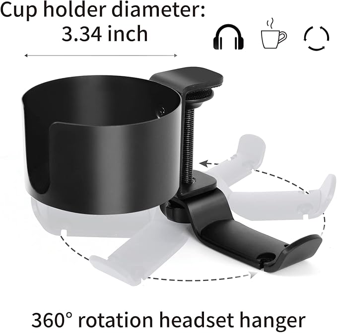 OOKUU 2 in 1 Desk Cup Holder with Headphone Hanger, Anti-Spill Cup Holder for Desk or Table, Easy to Install, Sturdy and Durable, Enough to Hold Coffee Mups, Water Bottles, Headphones