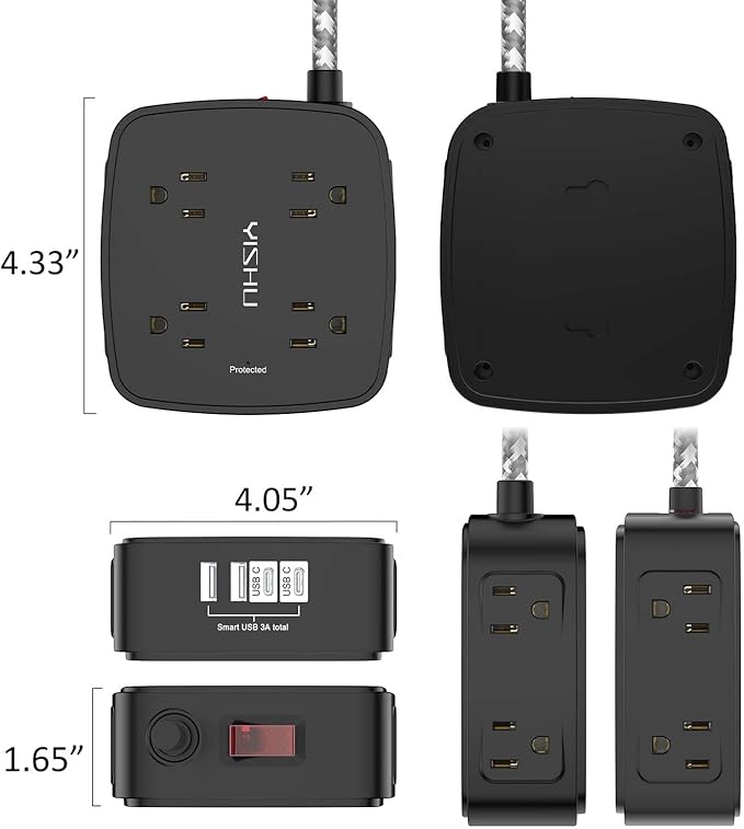 Surge Protector Power Strip - YISHU 8 Outlets with 4 USB (2 USB C) Charging Ports, 6Ft Braided Extension Cord, Flat Plug Multi Plug Outlet Extender Charging Station for Home Office, ETL, Black