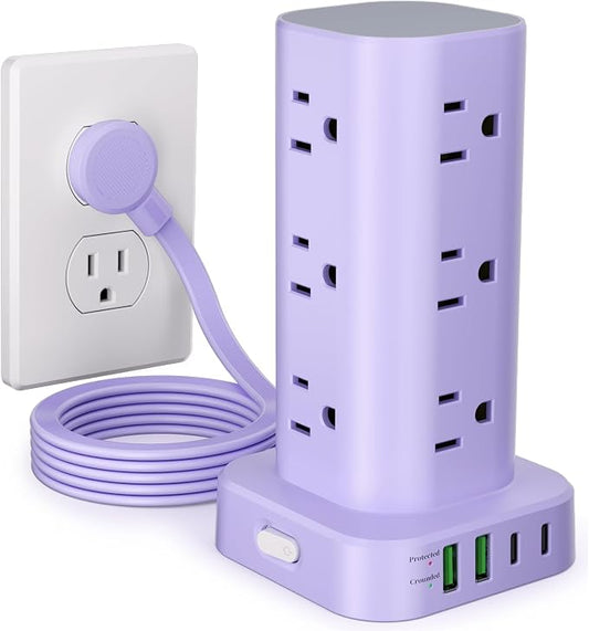 Power Strip Tower with Multiple Outlets, Flat Plug Surge Protector Tower Extension Cord with 12 AC Outlets 4 USB Ports (2 USB C), 6FT Cord Power Tower Surge Protector for Home Office Dorm Room, Purple