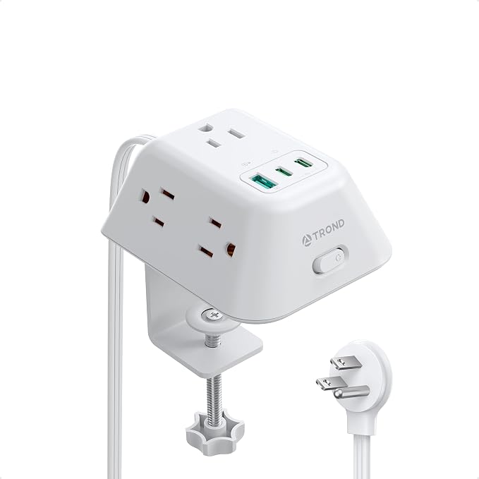 TROND Desk Clamp Power Strip with USB C PD 20W, Desktop Charging Station with 5 AC Outlets, 1440J Surge Protector, Fit 1.97in Tabletop Edge Thick, Extension Cord 6ft for Home Office Essentials, White