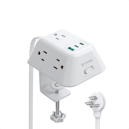 TROND Desk Clamp Power Strip with USB C PD 20W, Desktop Charging Station with 5 AC Outlets, 1440J Surge Protector, Fit 1.97in Tabletop Edge Thick, Extension Cord 6ft for Home Office Essentials, White