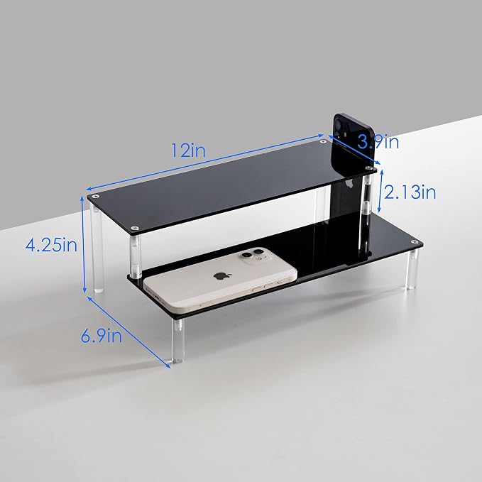 BYCY Acrylic Black 2-Tier Riser Display Shelf for Figures, Desserts Holder, Collections Organizer and Cosmetic Items Shelf (2 Tier 12" X 6.9" X 4.25")…