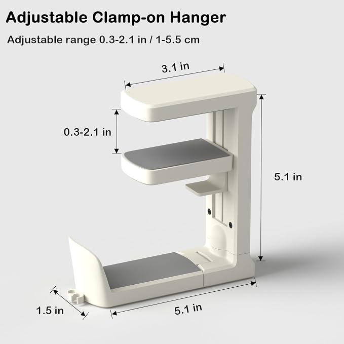Headphone Hook - Adjustable Clamp-on Headphone Holder, Under Desk Gaming Headset Holder Mount Hook with Rotating Clamp (White_2 Pack)