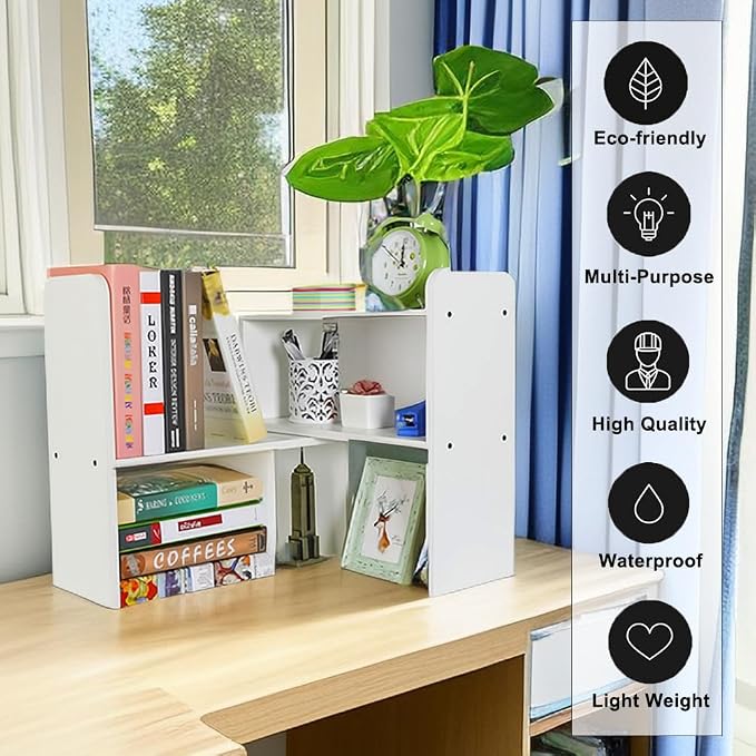 PAG Desk Organizer Desktop Shelf Adjustable Countertop Bookshelf Small Table Shelves Book Organizer Office Organization for Desk, White