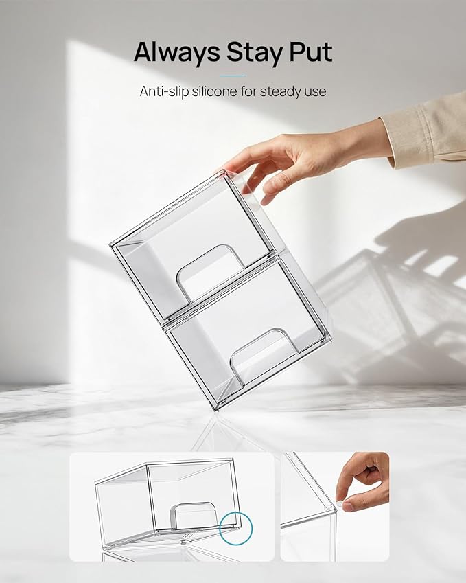 Vtopmart 2 Pack Small Clear Stackable Storage Drawers,Acrylic Bathroom Makeup Organizer,Plastic Storage Bins for Vanity, Undersink, Kitchen Cabinets, Pantry, Home Organization